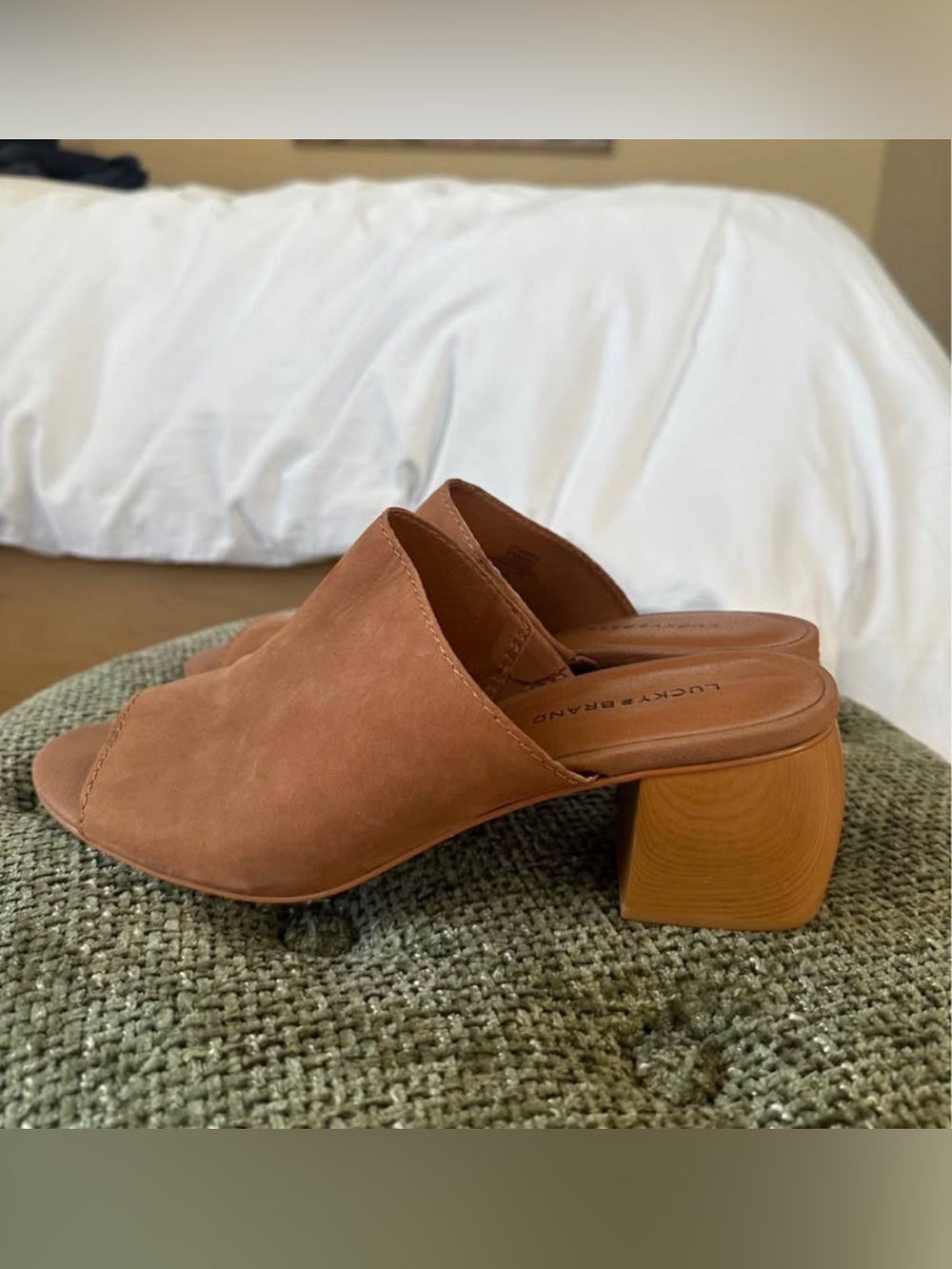 Lucky Brand Women's Cognac Suede Block Heel Mules